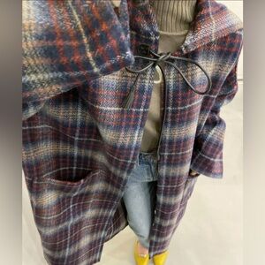 Plaid Wool Blend Coat with Leather Tie Closure size36